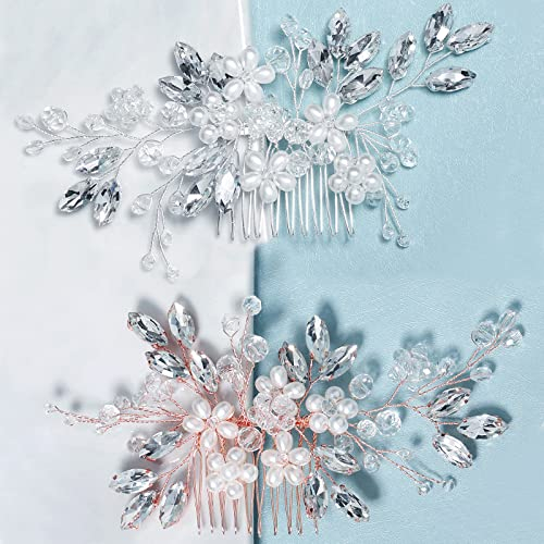 Hochzeits Haarkamm,2 Stück Blumenhaarschmuck Strass Kamm Kristall Haarspangen Dekorativ Haarkämme Braut Haarschmuck für Frauen und Mädchen(Silber & Roségold)