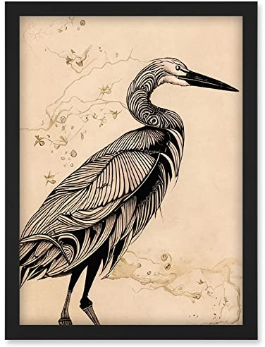 Doppelganger33 LTD Heron Bird Simple Ink Illustration Artwork Framed Wall Art Print A4