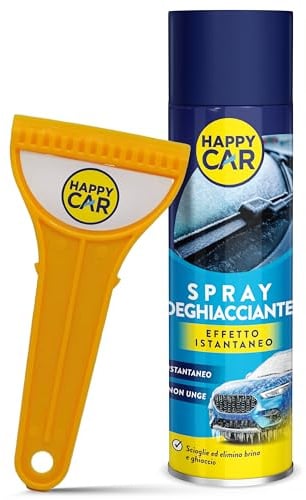 HappyCar 1 Spray Antighiaccio Auto 300 ml + Raschietto - Deghiacciante Sciogli Ghiaccio per Vetri e Parabrezza - Sblocca Finestrini, Cerniere, Guarnizioni e Serrature
