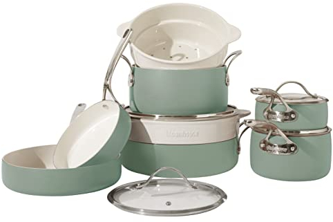 Bloomhouse - Oprah's Favorite Things - 12 Piece Aluminum Pots and Pans Cookware Set w/Non-Toxic Ceramic Non-Stick, Ceramic Steamer Insert, & 12 Protective Care Bags - Sage Green