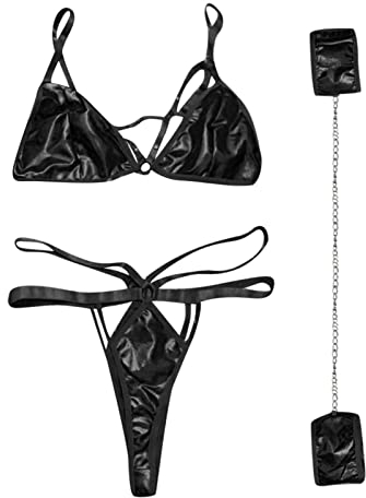 Spitzen Body Sexy PU Geschirr Dessous Set mit Kette verbundener Handring Weihnachtsengel Dessous (Black, S)