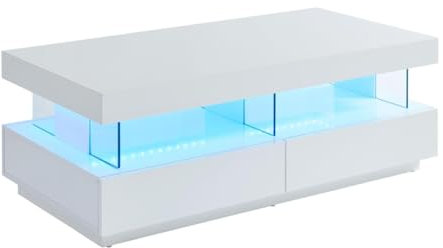 Vente-unique Table Basse 2 tiroirs et 2 niches avec LEDs - MDF et Verre trempÈ - Blanc laquÈ - Fabio II
