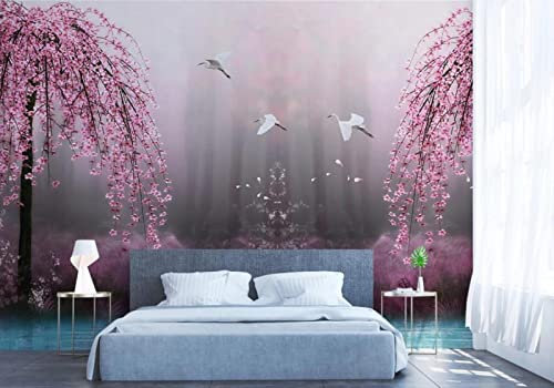 Fototapete 3D Tapete Rosa Kirschblüten-Schwanenwald Tapeten Vliestapete Wandbilder XXL Wanddeko Wandtapete -309195 400x280cm