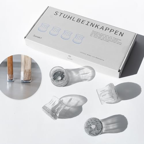 JUNAKI® 32 Stuhlbeinkappen, transparentes Silikon mit Filz – Schutz für Stühle, Möbel und Böden aus Hartholz, Fliesen, Laminat - Stuhlbeinschoner sitzen fest am Bein 14-18 mm