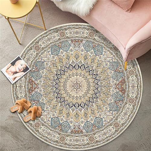 Highdi Teppich Rund Modern rutschfest Waschbar Schlafzimmer Teppiche, Elegantes Mandala Innenbereich Runder Teppich fürs Wohnzimmer, Flur, Kinderzimmer, Büro (140cm,Retro)