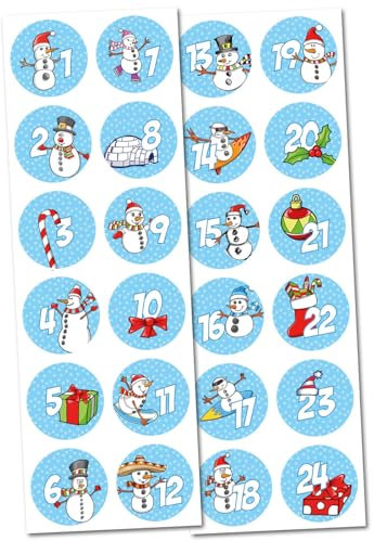 Kiwikatze Adventskalender Aufkleber Motiv Schneemänner 37 mm Set mit Zahlen 1-24 Adventskalenderzahlen selber machen diy Bastelset Sticker