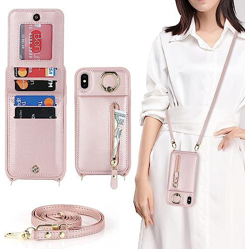 CAVOR iPhone X/XS Hülle Mit Band, Flip Leder Geldbörse Handyhülle, 4 Kartenfächer, Metallständer, Schnalle, Klapphülle - Rose Gold