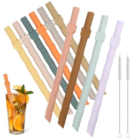 Pailles en Silicone Paille Reutilisable 10 pièces Paille Colorées Sûr et éCologique Sans BPA avec 10mm Pliable Paille Costume avec 2 Brosses de Nettoyage Idéal pour Les Boissons Froides ou Chaudes