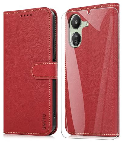 SMYTU Coque pour Xiaomi Redmi 13C (6,74) + Verre Trempé,Protection Portefeuille Case Cover de Magnétique Housse en Cuir Case Xiaomi Redmi 13C - Rouge