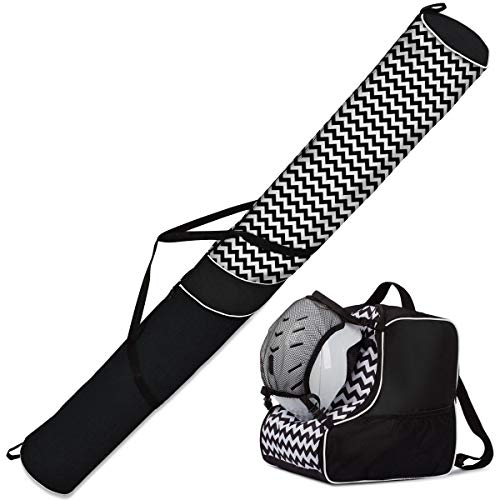 Premium Set Skitasche und Skischuhtasche für 1 Paar Ski-Stöcke-Schuhe-Helm mit Abnehmbarer Netztasche Zig Zag mit Netz [053]