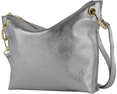 modamoda de - T243 - ital. Umhängetasche Klein Small aus Leder, Farbe:Silbergrau-Metallic