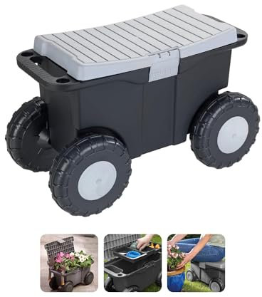 Gartenwagen mit Rädern und Sitz – Trolley für Transport und Aufbewahrung von Gartengeräten, aus Kunststoff und Metall, 59 x 36 x 27 cm, 15 l, Grau und Schwarz
