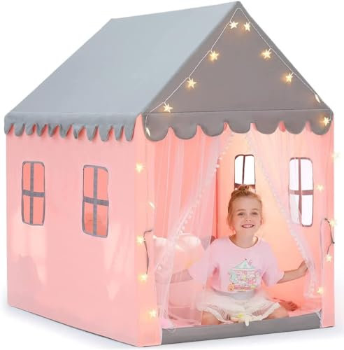 Tienda de juegos para niños con guirnaldas luminosas, estrellas, gran castillo de princesa tienda con 4 ventanas, casa de juego interior y exterior para niños relajarse 121x105x136cm (rosa)