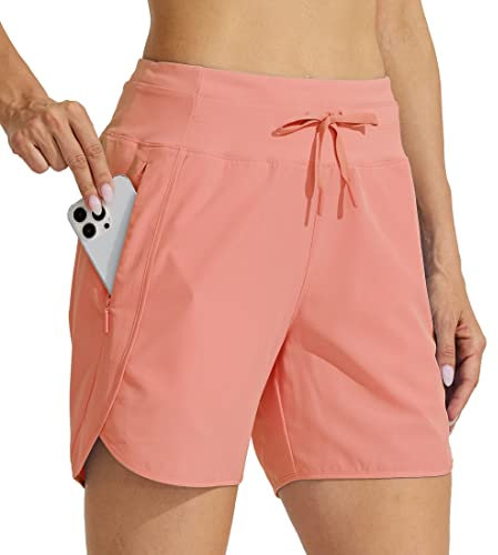 WILLIT Damen Shorts Sporthose Kurz Laufhose Sommer Laufshorts Wanderhose Schnelltrockene High Waisted Fitness Sport Running Reißverschlusstasche 5 Korallenrosa L