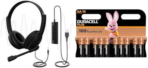 USB Headset with Microphone for PC Laptop, Adjustable Noise Cancelling Business Office Headsets & Duracell Plus AA Mignon Alkaline Batteries, 1.5 V, LR6, MN1500, Pack of 10