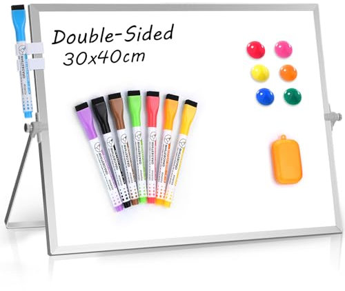 Dry Erase Whiteboard, Small White Board A3 Mini Whiteboard Double Sided White Boards with Stand, Magnetic Desk Board with 8 Pens, 6 Magnets, 2 Pen Holder,1 Eraser for Kids School Home Office