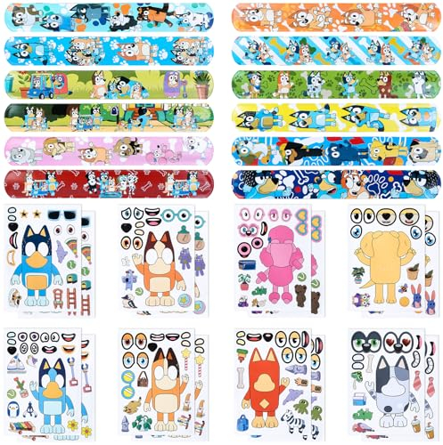 28pcs Mitgebsel Kindergeburtstag Blue-y Spielzeug Set mit 16 Dog DIY Sticker Aufkleber 12 Schnapparmband für Geschenk Give Aways Kinder Geburtstag Deko Party Zubehör Jungen Mädchen SchüLerbelohnung