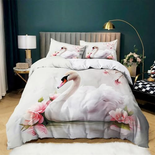 CozyRest Tier Schwan Und Blumen Muster Bettbezug, 180x200 cm Bettwäsche Set, Microfaser Bettwäsche Bettbezug für Jungen Mädchen Kinder