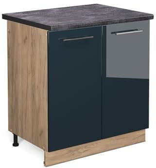 Vicco Spülenunterschrank Fame-Line, Dunkelblau Hochglanz/Goldkraft Eiche, 80 cm, AP Anthrazit