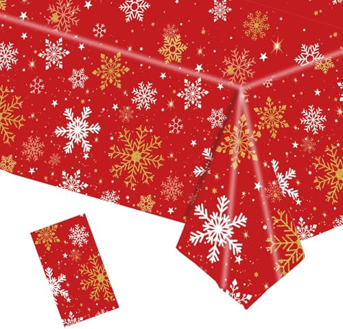 MORAINJAY Christmas Tablecloth,137x274cm Large Xmas Snowflake Red Table Cloth,Rectangle Waterproof Plastic Party Table Cover for Christmas Party Dinner,Winter Holiday,Christmas Table Decorations