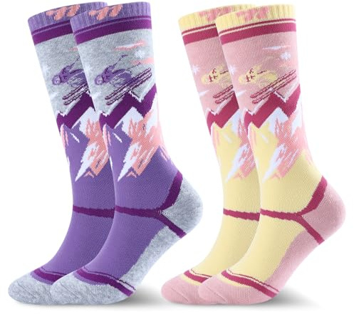 West Biking Calzini da sci per bambini, 2 paia di calze termiche in lana merino spessa, multicolore, per sci e trekking, invernali, per bambini dai 6 ai 15 anni, Rosa Sci + Viola Sci, 8-12 Years