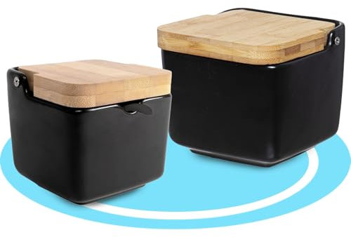 Dekohome Salero y Azucarero de Cerámica con Tapa Madera para Cocina, Recipiente para Especias y Aliños, Negro