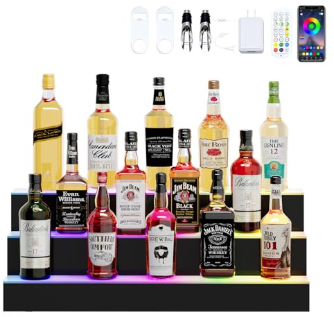 Dethan 3 Tier 30 Inch Liquor Bottle Display Shelf - Illuminated Wine Racks with Multi-Color App & Remote Control, Adjustable Brightness & Sound Modes, Acrylic Bar Shelves Displays