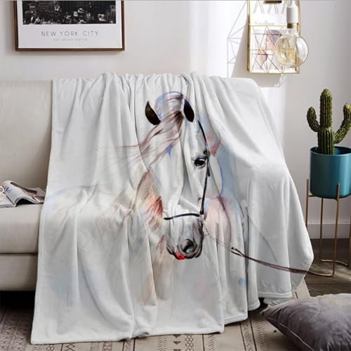 HZVRTN Weiche Decke mit weißem Pferd 130x150 cm, Pferdemotiv 3D Tier Motiv, Mikrofaser, Sehr Weich, Kinder Teenager und Erwachsene,Wurfdecke für Bett und Couch