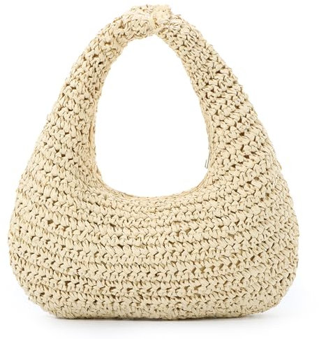 Fecialy Straw Bag for Women Crescent Shoulder Handbag Straw Summer Beach Tote Handbag Raffia Woven Hobo Bag
