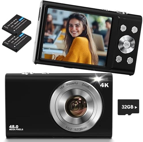 Fotocamera Digitale 4K,Lecnippy 48MP Autofocus Macchina Fotografica con Scheda di Memoria da 32G Zoom Digitale 16X,Fotocamera Compatta con Schermo da 2,8 pollici per Adolescenti(Nero)