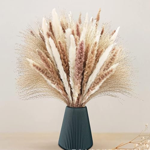 Falafoty Décoration en Pampas Séchées, Herbe de Pampa Naturelle Fleurs Séchées Bouquet avec Fleurs Séchées de Queue de Lapin,Plantes Décoratives en Herbe Pampa pour Boho Arrangements Mariage (60PCS)