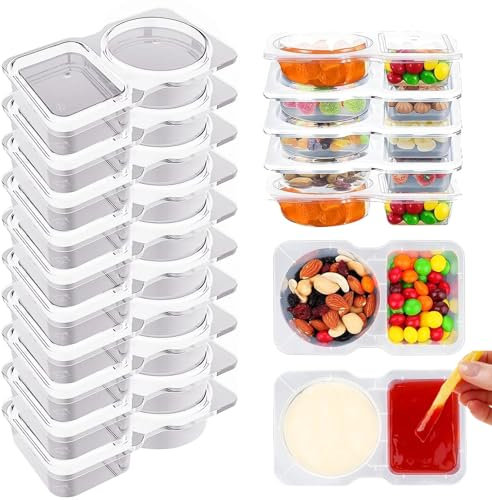 Maridergo 15 Sets Reusable Snack Pack Containers with Lids, Double Compartment Condiment Containers Transparent Snack Pots for Sauce, Salad Dressing, Sampling