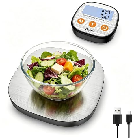 Diyife 15kg Balance de Cuisine Numérique Arrondie, Balance en Deux Parties | Haute Précision 1g Balance de Cuisine Divisée, 7 Unités de Mesure, Avec Écran Magnétique LCD Séparé, USB-C Charge