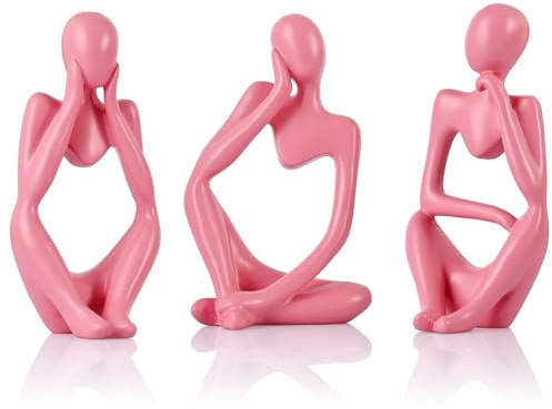 QIANLING Pink Thinker Statue Decor für TV-Ständer, Regal, Schreibtisch oder Couchtisch – Set mit 3 Harzfiguren für Wohnzimmer, dekorative Objekte, Moderne Skulptur, minimalistische