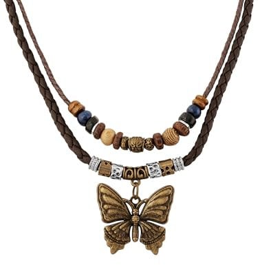Hanary Ethnic Boho Butterfly Braided Rope Necklace, Multi-Layered Wooden Beads Necklace, Copper Butterfly Pendant, Women's Jewelry