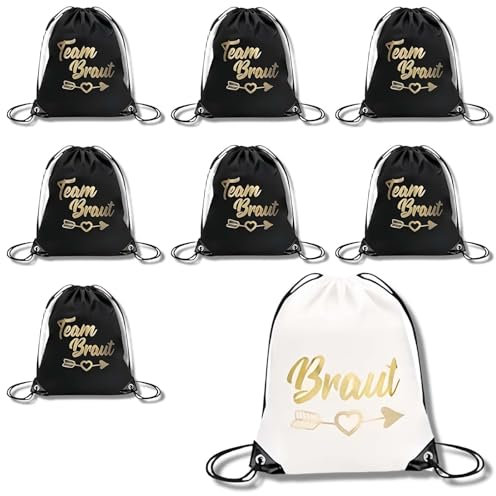 8 Stück Turnbeutel Damen Set, Team Bride Taschen Die Größe Ist 34 x 42 cm und Genügend Platz für Sonnenbrillen Handys und Anderes Zubehör, Ideal für Brautparty und Teamaktivitäten (Weiß und Schwarz)