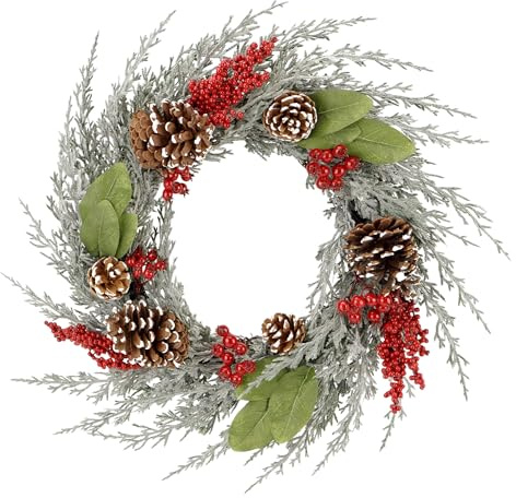 Zavothy Türkranz Weihnachten 50 cm, Weihnachtskranz, Künstlicher Kranz mit Tannenzapfen und Weihnachtskugeln, Adventskranz, Weihnachtsdeko, Haustür Dekoration,Selady und Rot