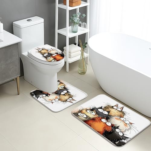 Badematten-Set mit Katzenmotiv, 3-teilig, Fantasie-Carto-Katzen, saugfähig, rutschfest, U-förmig, waschbar, lustig, schnell trocknend, Memory-Schaum, Badezimmerteppich-Set