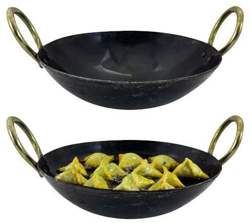 BARGAINS-GALORE Iron Frying Pan Wok Karahi Dish - Kadahi Heavy Duty, Round Base | Deep Handmade Balti Dishes, Multi Purpose Serving Pans, 5 Different Sizes Ideal for Home & Restaurant (8)