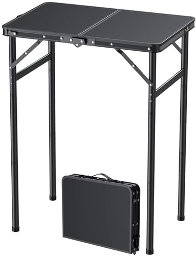 FUNYKICH Campingtisch Klapptisch 58x40cm, Faltbarer Grilltisch mit 3 Höhen Verstellbarer(27/51/75cm), Aluminium Tragbar Falttisch, MDF Platten Multifunktionstisch für Picknick Camping Balkon - Schwarz