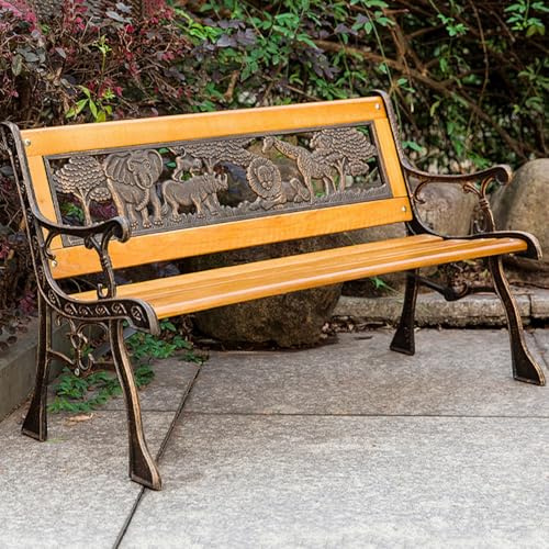 Hltdzer Kinder 2 Personen Holzholz und Gusseisen Miniatur Park Außen Gartenbank Kinderbank mit Tiergestaltung Rückenlehne und Armlehne für Garten, Vorhof, Park und Lounge