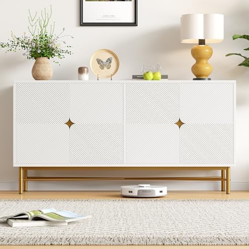 phosir Sideboard Weiß, Landhausstil Sideboard mit 4 Türen, Aufbewahrungsschrank mit Soft-Close, TV Schrank Wohnzimmer, Kommode mit Stauraum, 160x40x82cm