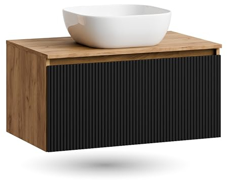 Planetmöbel Arisa Waschtisch mit Unterschrank 80 cm Gold Eiche | schwarz, (geriffelt), Waschbecken 42 cm weiß, Raumsparsiphon