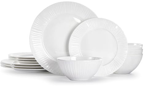 HIKAA Knochenporzellan Geschirrset 6 Personen, Modern Teller Set Streifenoptik, 18-Teiligs Tafelservice Mikrowellen und Spülmaschinenfest, Kombiservice für Familienessen, Restaurants(Weiß)