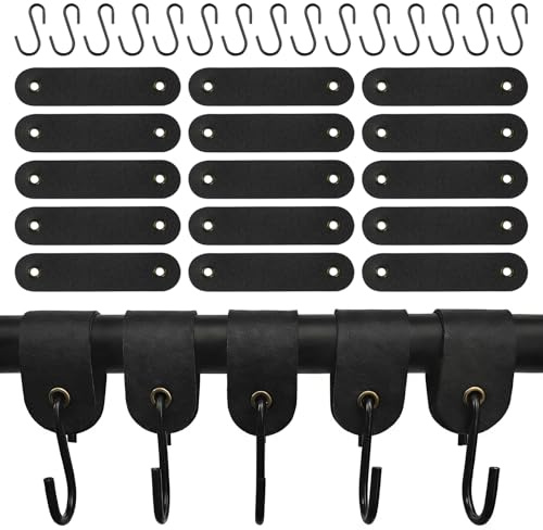 Tmefoy 15er Set Kleiderhaken Garderobe mit Lederschlaufe, S Haken Schwarz 12,5 x 3 cm, Haken für Kleiderstange, Garderobenhaken für Camping, Flur und Wohnung (Schwarz)
