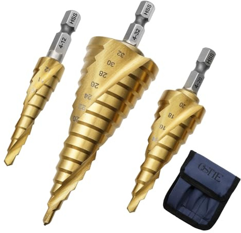 HSS Stufenbohrer, 3-tlg Stufenbohrer Set, Titan-beschichtete, 6.35mm Sechskant, Exact Spiralnut Kegelbohrer, 4 mm bis 12/20/32mm Profi Metallbohrer Bohrer Satz für Metall, Messing, Holz, Kunststoffe