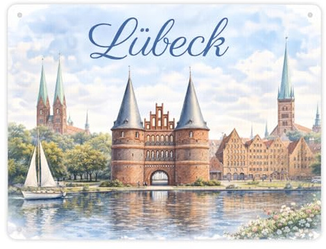 speecheese Metallschild XL in 21x28 cm Lübeck Stadtansicht mit Backsteintor | Souvenir Blechschild Spruch für Reiselustige