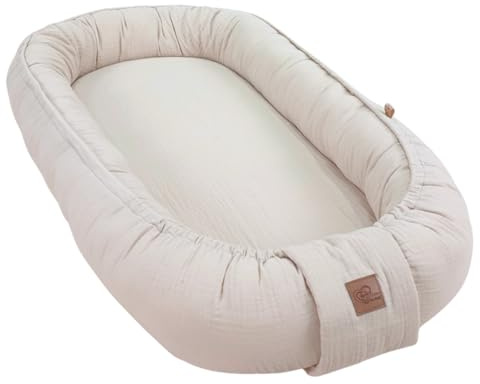 WIKLINOPOL Babynest, Nestchen für Neugeborene – Baby Nestchen 80x46 cm in Beige, Tragbares Nest aus Musselin - Baby Nest für Neugeborene mit herausnehmbarer Matratze