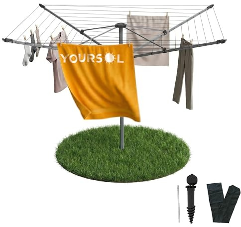 Yoursol Wäschespinne 50 m mit Schutzhülle & Bodenhülse, Aluminium Wäscheständer bis 50 kg, höhenverstellbar, Wäschetrockner Garten