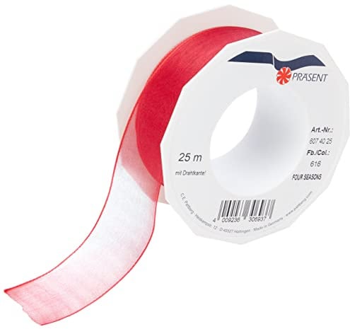 Präsent Four Seasons transparentes Band mit Drahtkante Himbeere, 25 m einfarbiges Stoffband, 40 mm Breite, leicht biegsames Schleifenband zum Dekorieren & Basteln, für besondere Anlässe